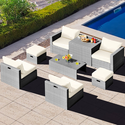 8-Piece Outdoor Grey PE Rattan Conversation Set with Washable Cushion Covers-White