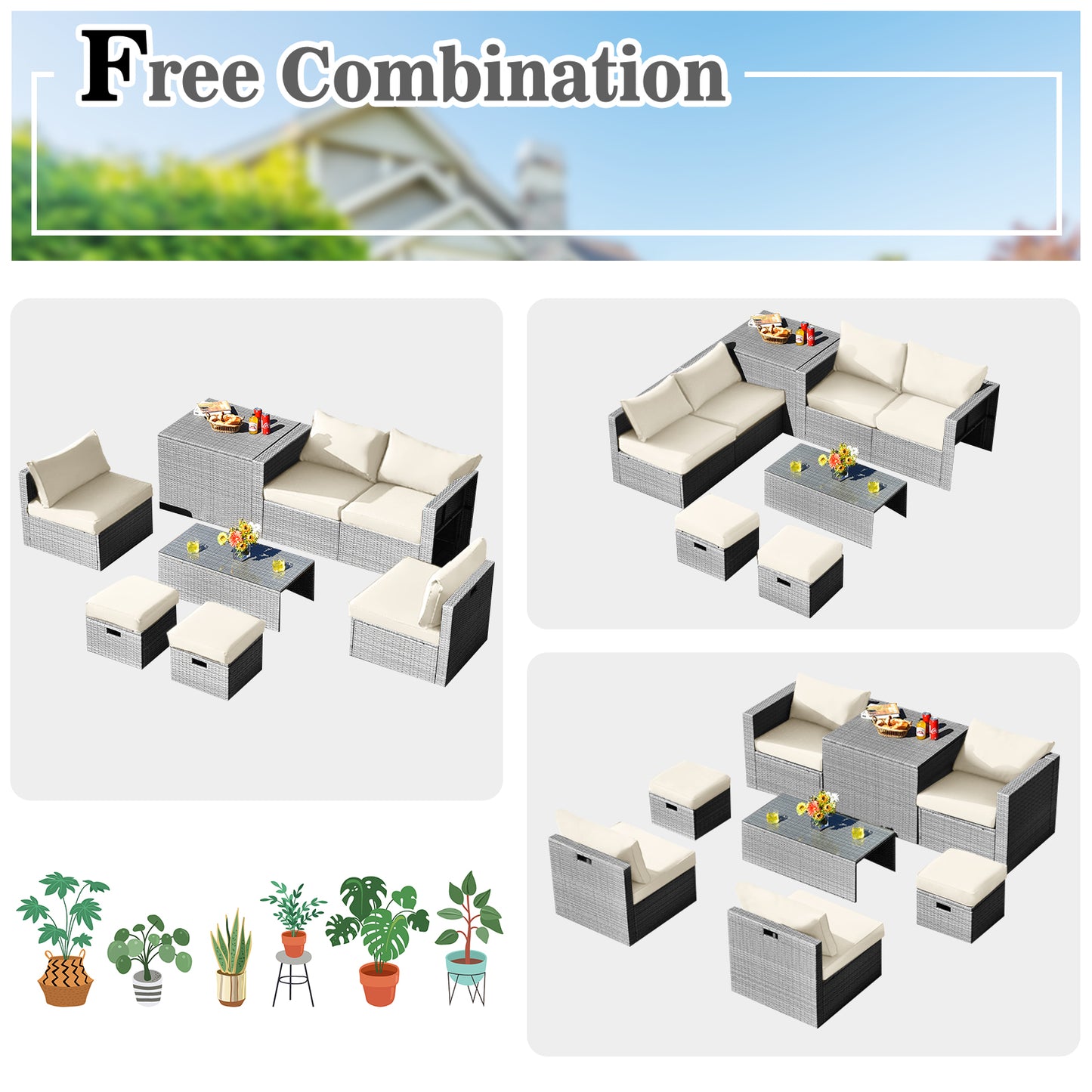 8-Piece Outdoor Grey PE Rattan Conversation Set with Washable Cushion Covers-White