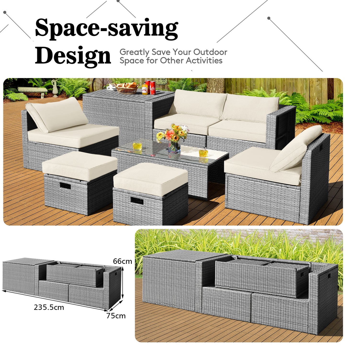 8-Piece Outdoor Grey PE Rattan Conversation Set with Washable Cushion Covers-White