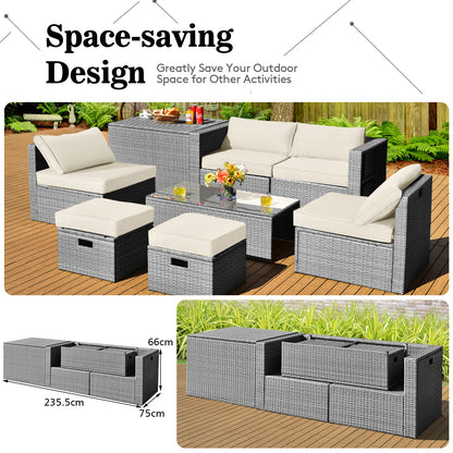 8-Piece Outdoor Grey PE Rattan Conversation Set with Washable Cushion Covers-White
