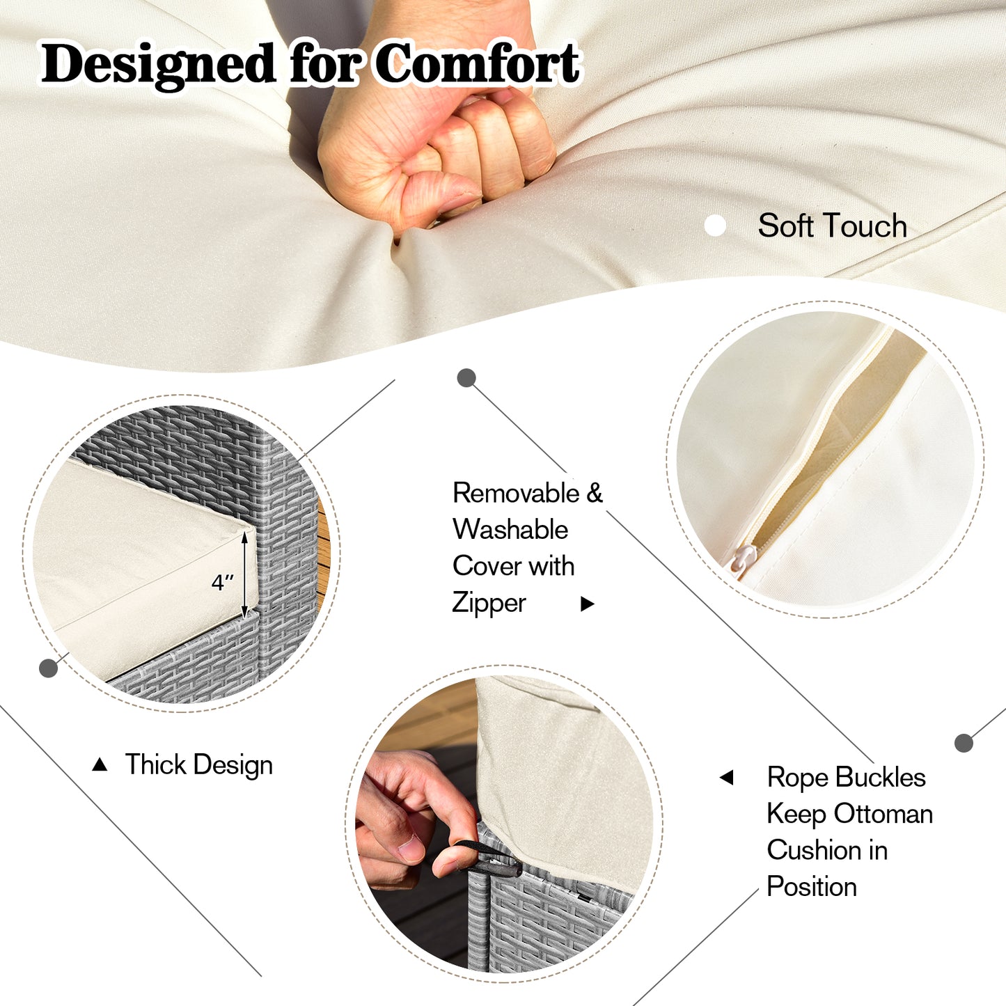 8-Piece Outdoor Grey PE Rattan Conversation Set with Washable Cushion Covers-White