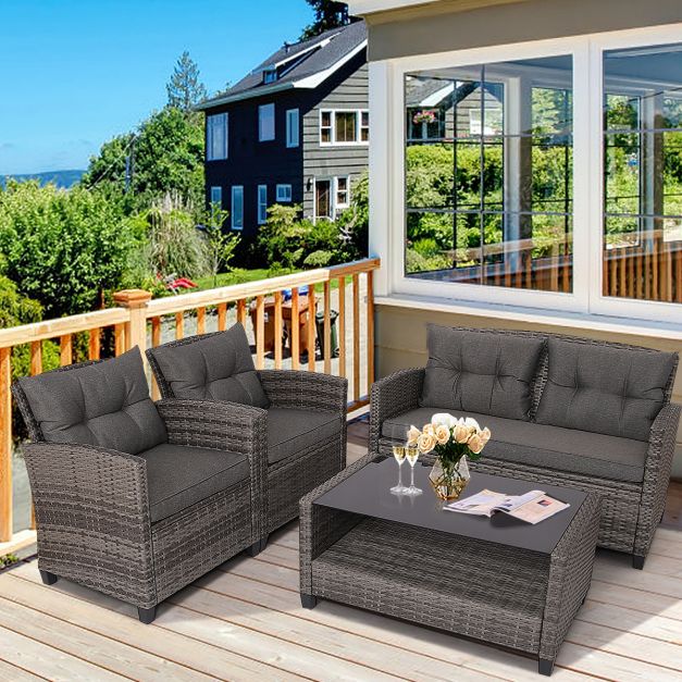 4 Piece Patio Wicker Furniture Set with Glass Coffee Table and Removable Cushions-Grey