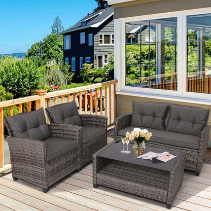 4 Piece Patio Wicker Furniture Set with Glass Coffee Table and Removable Cushions-Grey