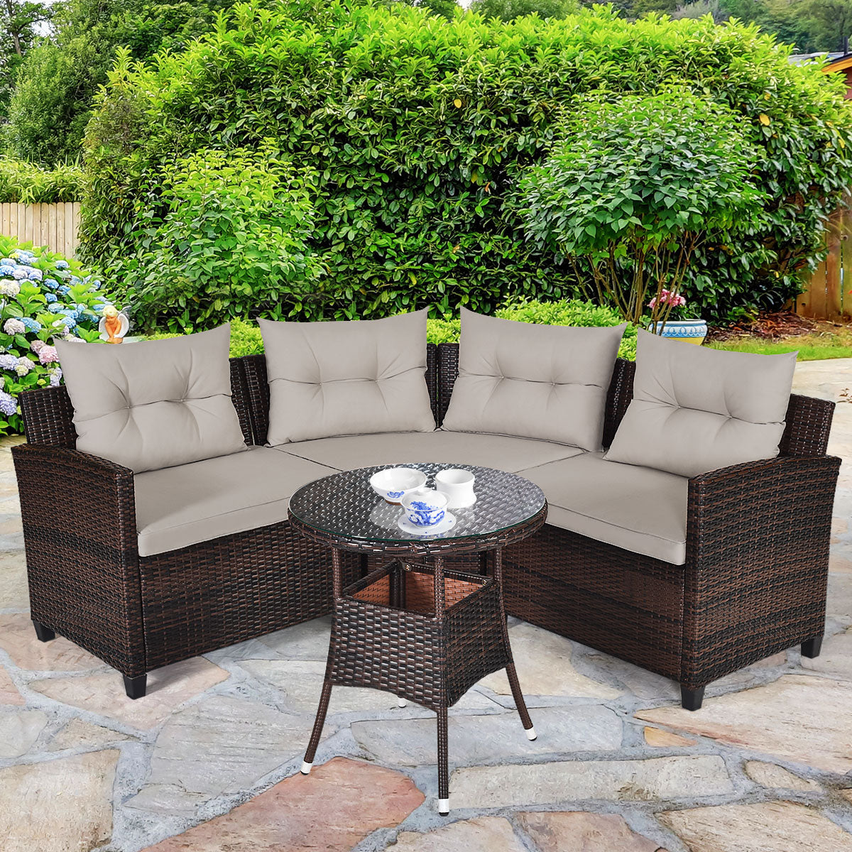 Costway 4-Piece Patio Wicker Furniture Set with Cushion-Beige