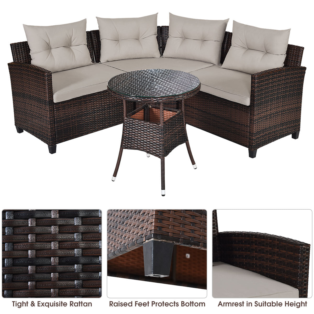Costway 4-Piece Patio Wicker Furniture Set with Cushion-Beige