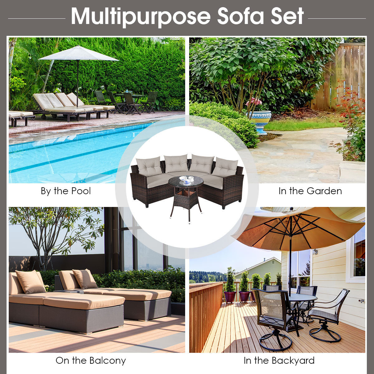 Costway 4-Piece Patio Wicker Furniture Set with Cushion-Beige