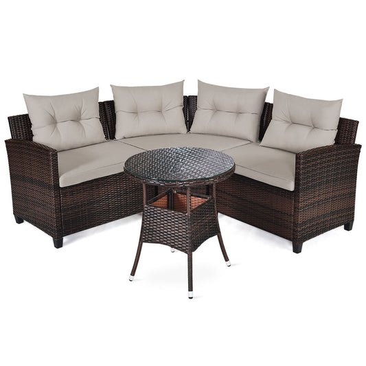 Hand-woven rattan and a sturdy steel frame provide durable support for indoor or outdoor use