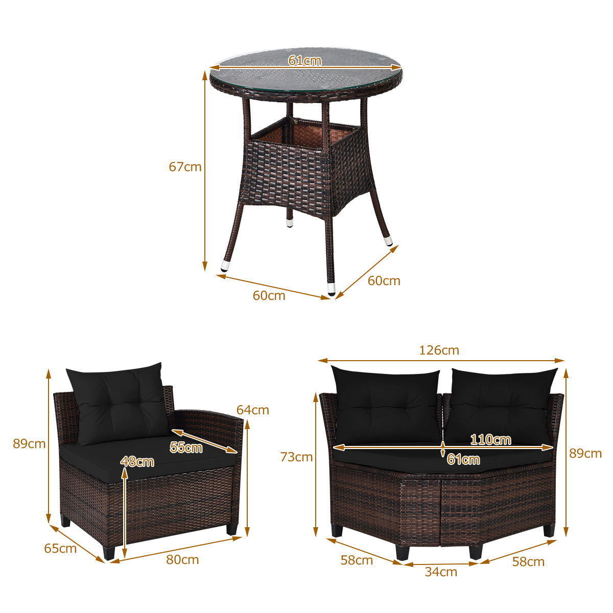 Four-piece rattan patio set includes two loveseats, a coffee table, and a practical corner storage table
