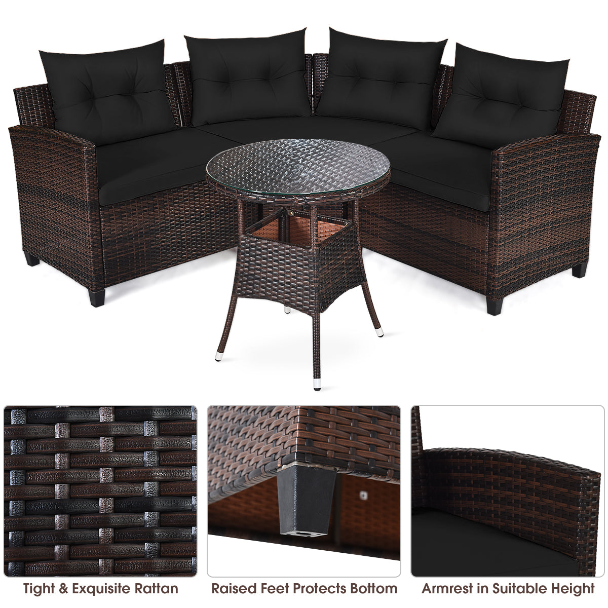 Costway 4-Piece Patio Wicker Furniture Set with Cushion-Black