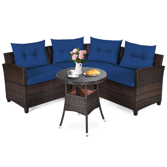 Costway 4-Piece Patio Wicker Furniture Set with Cushion-Navy