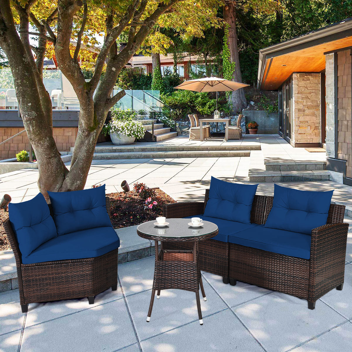 Costway 4-Piece Patio Wicker Furniture Set with Cushion-Navy