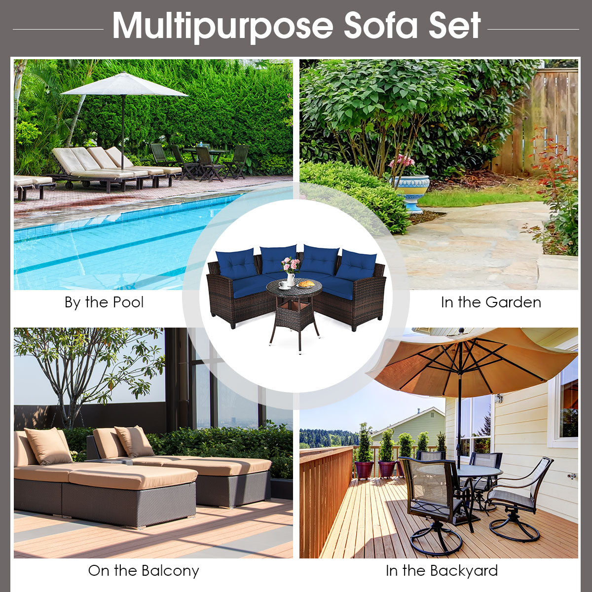Costway 4-Piece Patio Wicker Furniture Set with Cushion-Navy