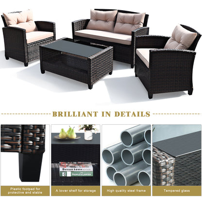 4-Piece Rattan Chair Set with Loveseat & Coffee table for Patio