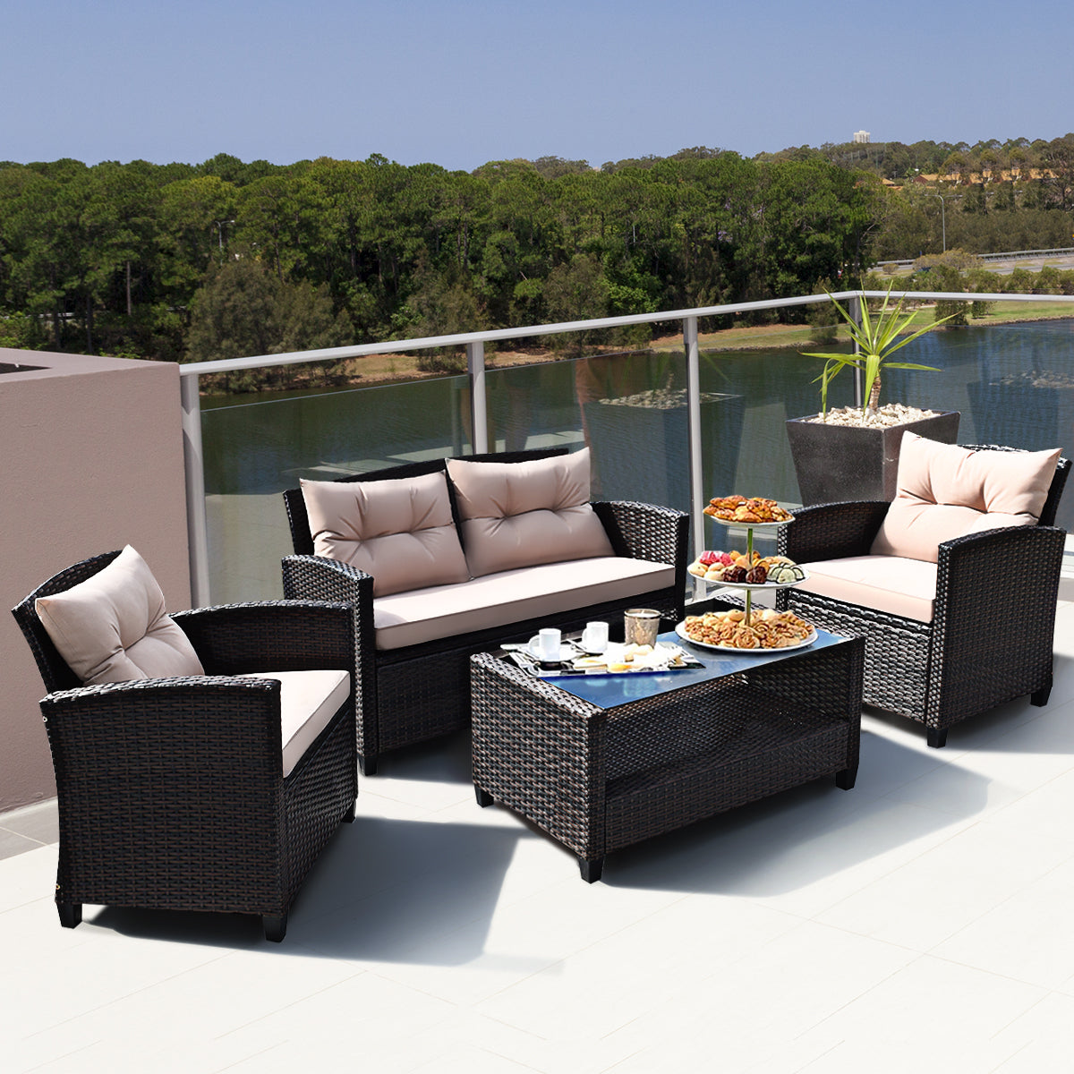 4-Piece Rattan Chair Set with Loveseat & Coffee table for Patio