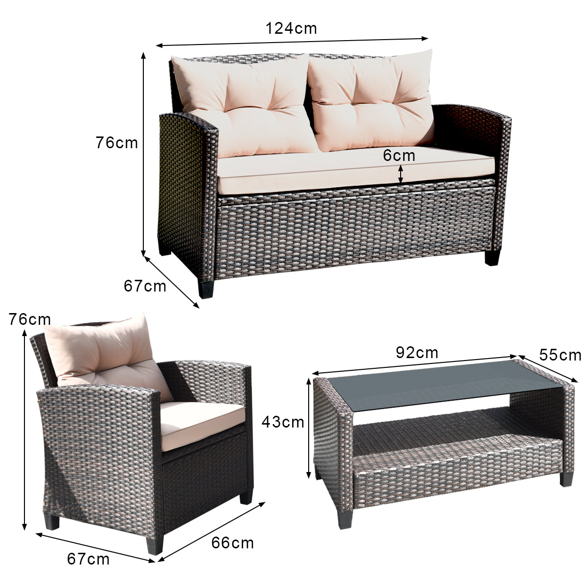 4-Piece Rattan Chair Set with Loveseat & Coffee table for Patio