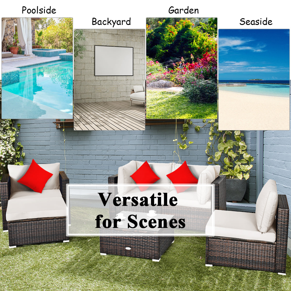 Six seat cushions and six back cushions create a welcoming setting for family gatherings