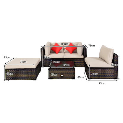Five-piece patio conversation set includes two corner sofas, an armless sofa, ottoman, and coffee table