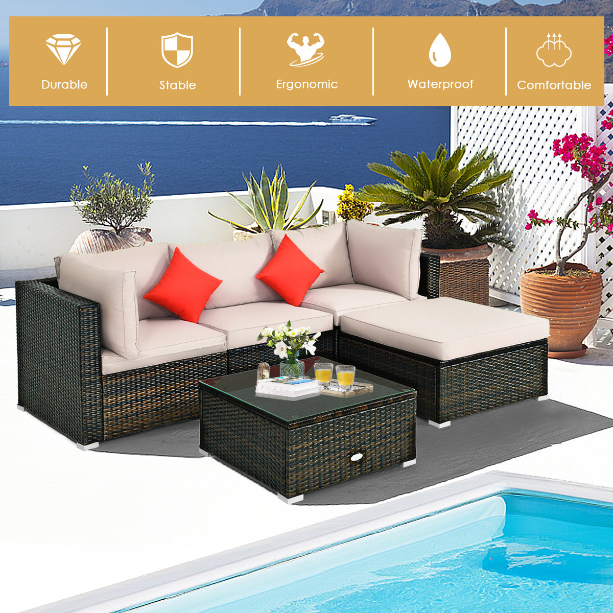 Modular five-piece design allows flexible arrangements to suit balconies, patios, gardens, and porches