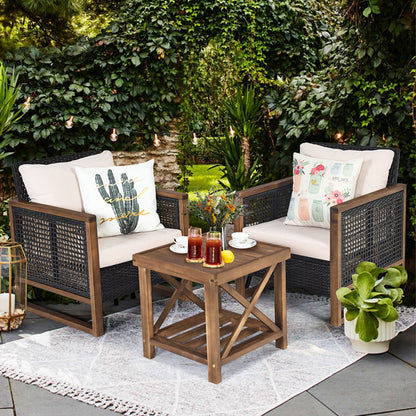 Costway 3 Pieces Outdoor Wooden Furniture Bistro Set with Cushioned Sofas