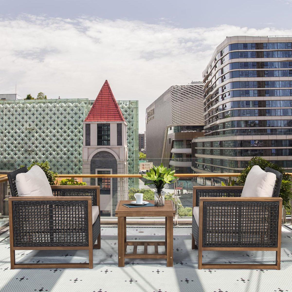 Natural rattan texture and mature cube-style table create a stylish look for indoor or outdoor leisure spaces