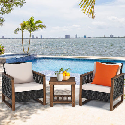 Costway 3 Pieces Outdoor Wooden Furniture Bistro Set with Cushioned Sofas
