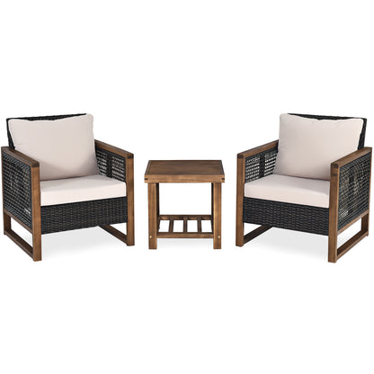 Costway 3 Pieces Outdoor Wooden Furniture Bistro Set with Cushioned Sofas