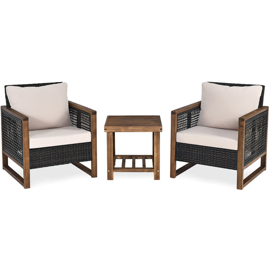 Costway 3 Pieces Outdoor Wooden Furniture Bistro Set with Cushioned Sofas