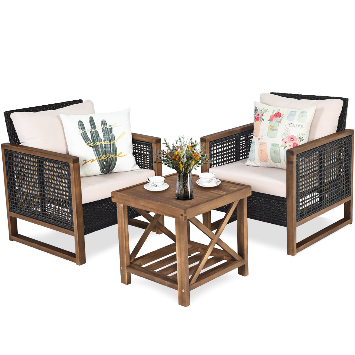 Cushioned patio chairs support up to 160 kilograms each while the coffee table supports up to 40 kilograms