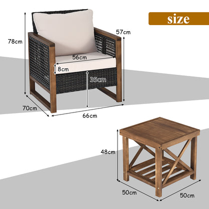 Costway 3 Pieces Outdoor Wooden Furniture Bistro Set with Cushioned Sofas