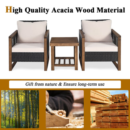 Costway 3 Pieces Outdoor Wooden Furniture Bistro Set with Cushioned Sofas