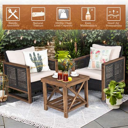 Costway 3 Pieces Outdoor Wooden Furniture Bistro Set with Cushioned Sofas