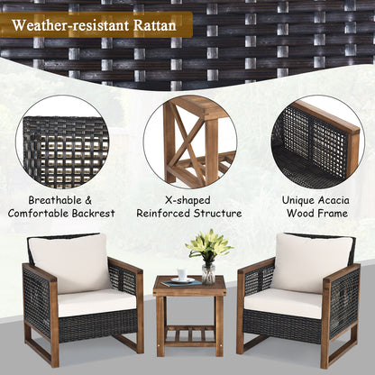 Costway 3 Pieces Outdoor Wooden Furniture Bistro Set with Cushioned Sofas