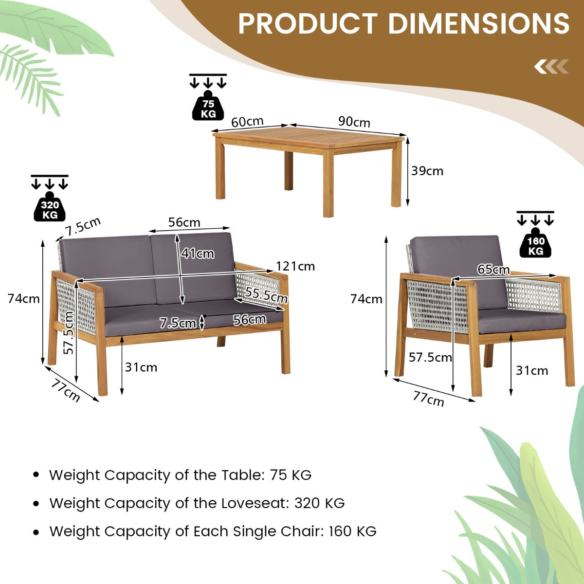 Costway 4-Piece Patio Acacia Wood Furniture Set with Cushions for outdoors-Gray
