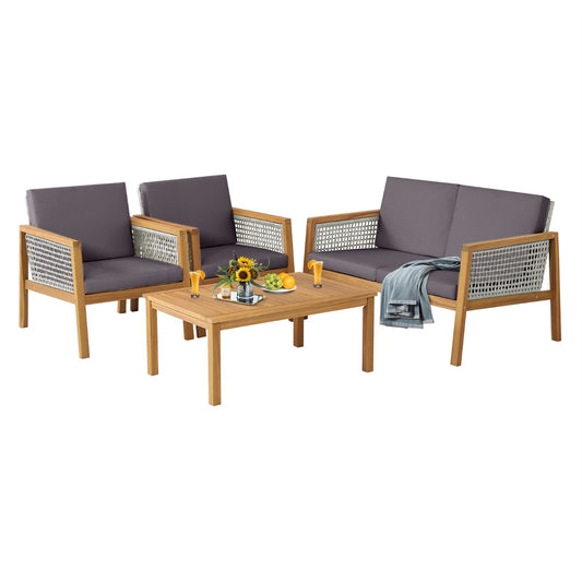 Costway 4-Piece Patio Acacia Wood Furniture Set with Cushions for outdoors-Gray