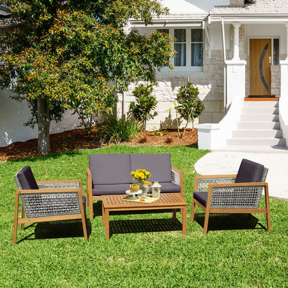Costway 4-Piece Patio Acacia Wood Furniture Set with Cushions for outdoors-Gray