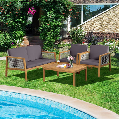Costway 4-Piece Patio Acacia Wood Furniture Set with Cushions for outdoors-Gray
