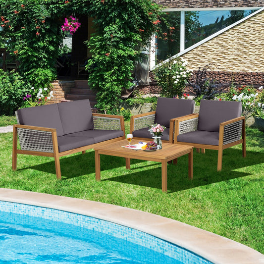 Costway 4-Piece Patio Acacia Wood Furniture Set with Cushions for outdoors-Gray