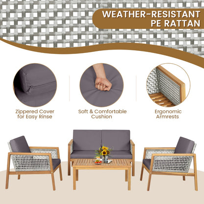 Costway 4-Piece Patio Acacia Wood Furniture Set with Cushions for outdoors-Gray