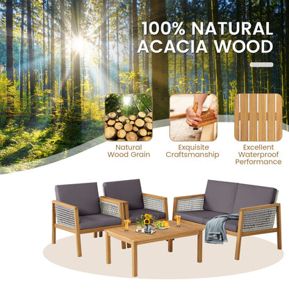 Costway 4-Piece Patio Acacia Wood Furniture Set with Cushions for outdoors-Gray