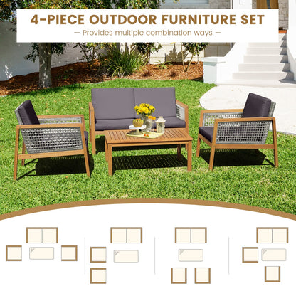 Costway 4-Piece Patio Acacia Wood Furniture Set with Cushions for outdoors-Gray