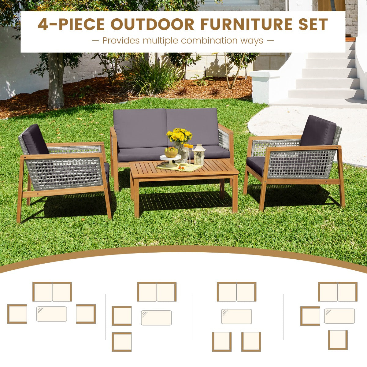 Outdoor sofa set with reinforced crossbars for stable, long-lasting backyard seating