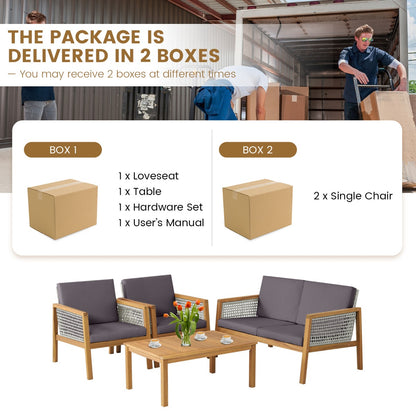 Costway 4-Piece Patio Acacia Wood Furniture Set with Cushions for outdoors-Gray