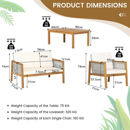 Costway 4-Piece Patio Acacia Wood Furniture Set with Cushions for outdoors-Off White
