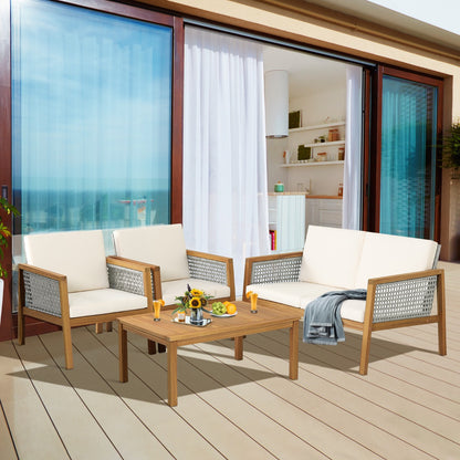 Costway 4-Piece Patio Acacia Wood Furniture Set with Cushions for outdoors-Off White