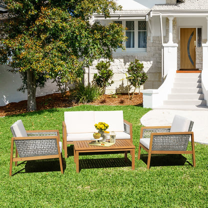 Costway 4-Piece Patio Acacia Wood Furniture Set with Cushions for outdoors-Off White