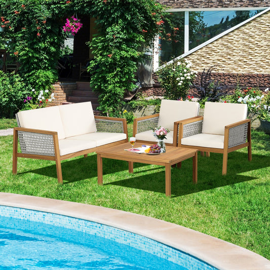 Costway 4-Piece Patio Acacia Wood Furniture Set with Cushions for outdoors-Off White