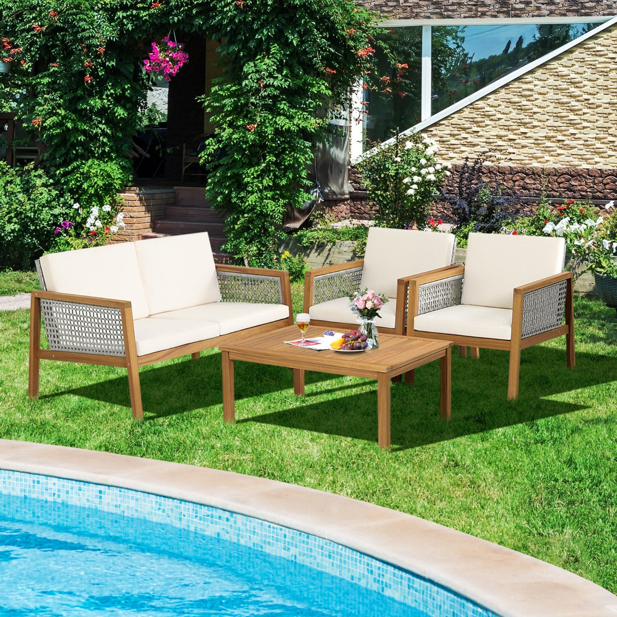 Soft padded cushions with removable zippered covers provide comfortable outdoor relaxation