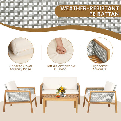 Costway 4-Piece Patio Acacia Wood Furniture Set with Cushions for outdoors-Off White