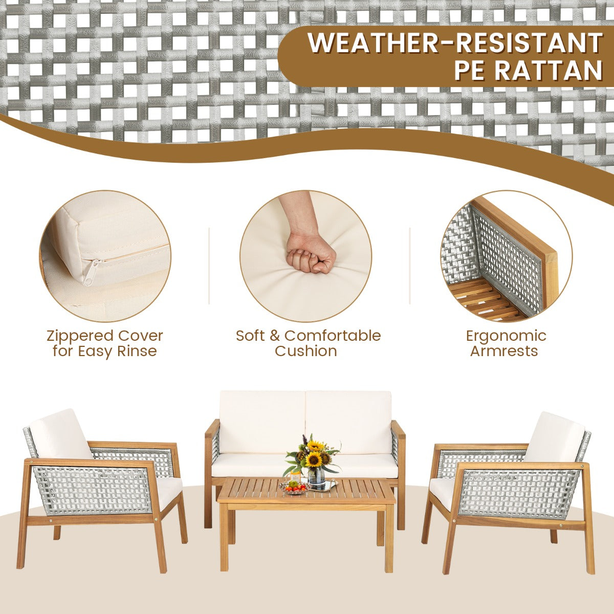 Flexible four-piece patio furniture arrangement fits courtyards, gardens, and poolside spaces