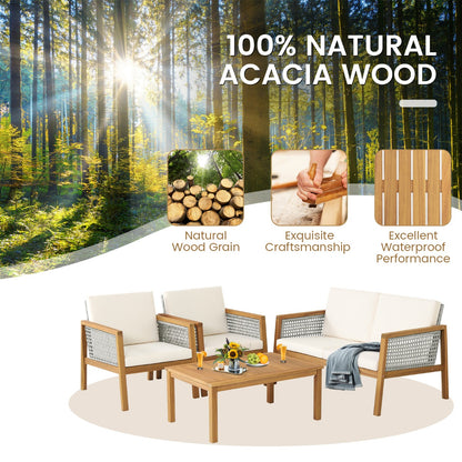 Costway 4-Piece Patio Acacia Wood Furniture Set with Cushions for outdoors-Off White